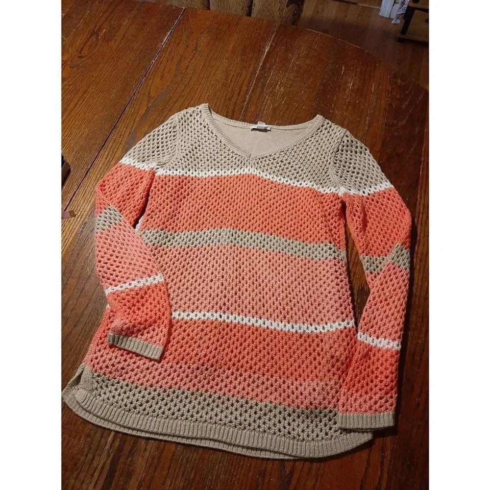 Small Croft & Barrow Long Sleeve VNeck Lined Loose Knit Sweater Peachy Pink Tan